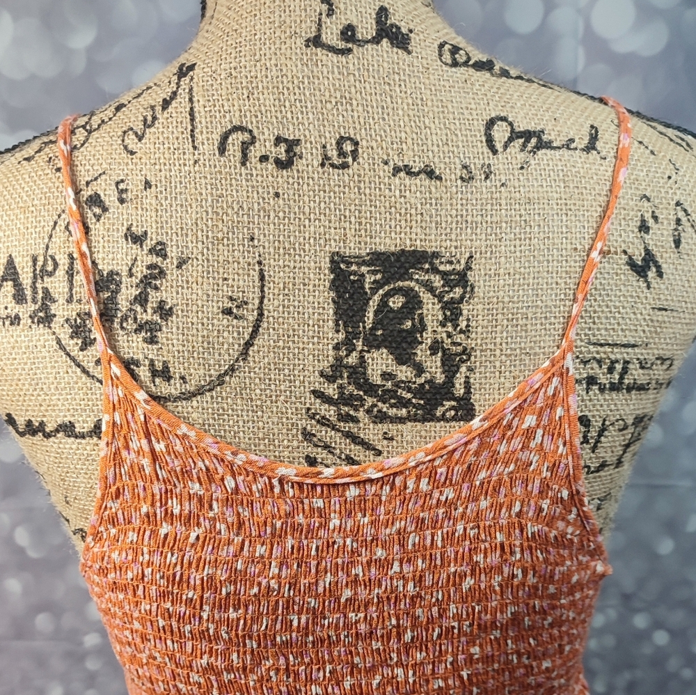 Paper Crain Spagetti Strap Boho Cottage Core Floral Print Shirred Tank Top - Picture 3 of 4